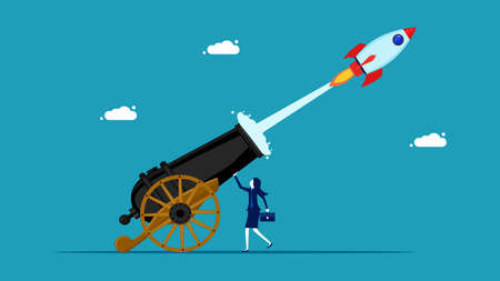 Start a business. Business woman launching a rocket into the sky. business concept vectorのイラスト素材