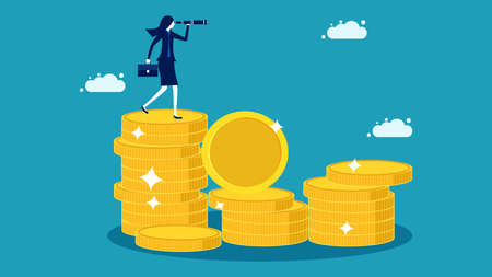 investment money. Business woman binoculars on pile of money. business concept vectorのイラスト素材