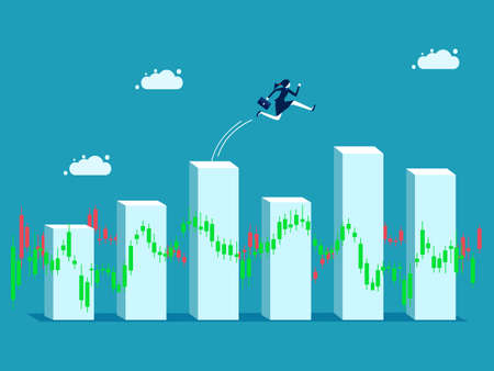 Find and trade stocks. Businesswoman  running on stock price bar graph investment conceptのイラスト素材