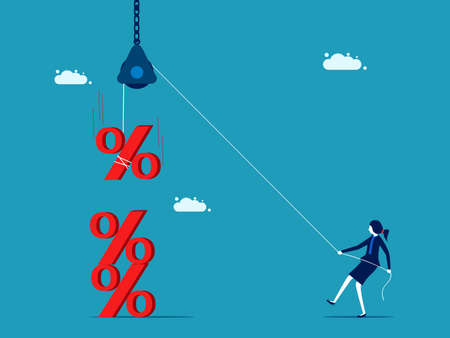 Increase interest rates. Business woman pulling up percentage icon. finance and investment vector