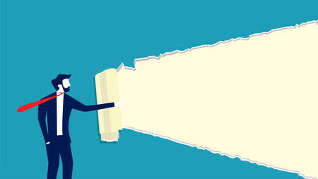 A businessman shreds the paper and presents his work. There is room to enter the presentation textのイラスト素材
