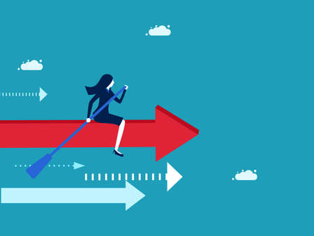 Driving the company to success. Businesswoman rowing a boat on an arrow sign. vector illustration