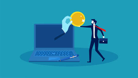 Earn money online. Businessman earns money through laptop computer. vector illustrationのイラスト素材