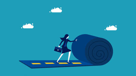 Build a career path. Start your own way. Businesswoman rolling the road carpet vectorのイラスト素材