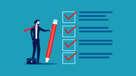 Finished checklist. businesswoman holding a pencil to mark a task check box vectorのイラスト素材