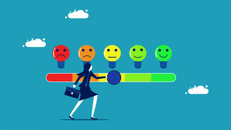 Customers rate the quality. Businesswoman pushes opinion bar to be the best smiley light bulb vectorのイラスト素材