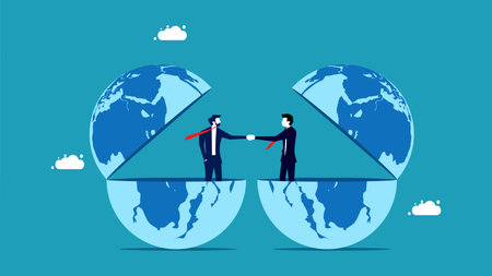 World cooperation. business people shaking hands on an open globe vectorのイラスト素材