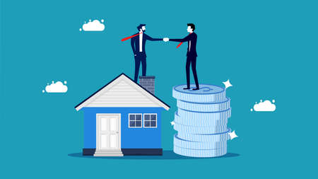House agreement. Businessmen shaking hands on piles of money and houses vectorのイラスト素材