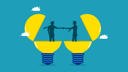 Combine creative thinking. business people shaking hands on light bulbs vectorのイラスト素材