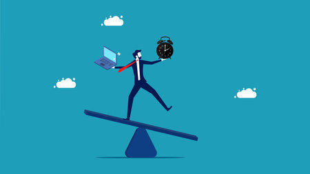 businessman balances work and time on the scales. vector illustration epsのイラスト素材