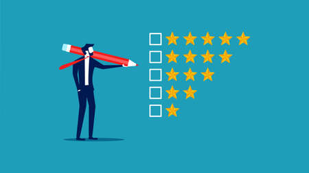 Satisfaction assessment. businessman holding a pencil to evaluate the star feedback vectorのイラスト素材