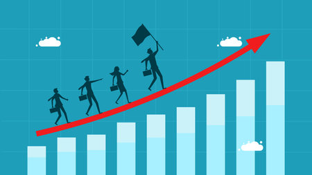 Successful business mission. Businessman team members walk on growth arrow vectorのイラスト素材