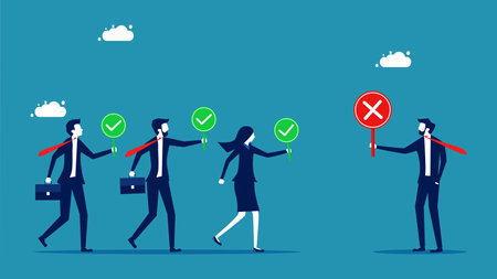 Right and wrong. The boss holds the wrong sign and the employee holds the right sign vectorのイラスト素材