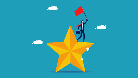 Great businessman victory. Businessman raising a flag on a big star. Vector illustration epsのイラスト素材