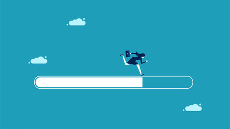 The journey to success or career path businesswoman running on progress bar to achieve success vectorのイラスト素材