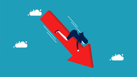 economic downturn or a stock market crash. businesswoman falls from the sky with a falling graph vectorのイラスト素材