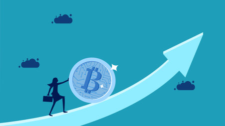 invest in digital coins successful. Businesswoman pushing digital assets forward vectorのイラスト素材