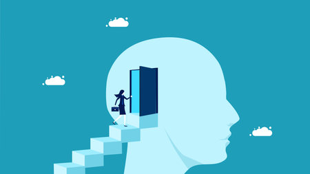 enter the door in the head. Understand the human mind. businesswoman enters the head through the door vectorのイラスト素材
