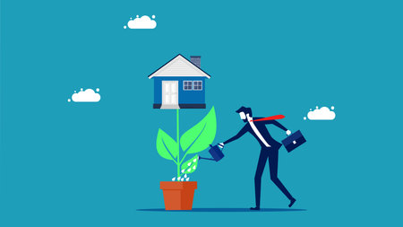 Invest in real estate. Businessman planting a tree that houses a house. vectorのイラスト素材