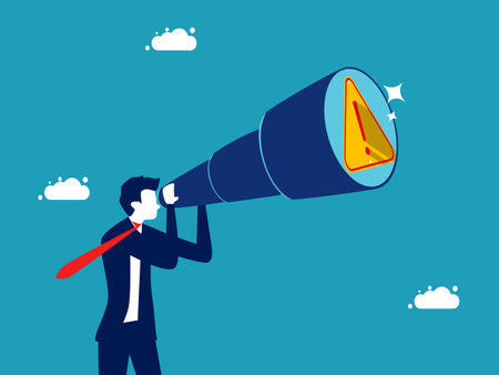 Vision of business alarm. businessman looking through binoculars to see exclamation mark vectorのイラスト素材