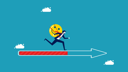 Good attitude to progress. businessman who thinks positively runs on the arrow progress barのイラスト素材