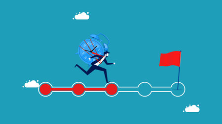 Time to approach goals and progress. businessman with clock on progress bar vectorのイラスト素材