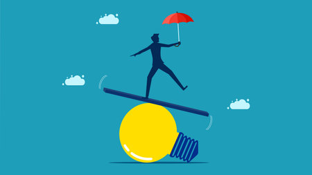 instability of thought. Balancing businessman on a light bulb. vector illustration epsのイラスト素材