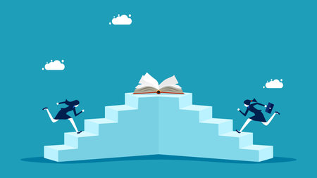 Compete to learn. businesswoman running up stairs to get book. vector illustration epsのイラスト素材