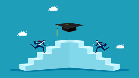 Competition and learning motivation. businessman runs up the stairs to win a graduation cap vectorのイラスト素材