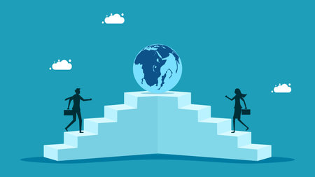 compete in the global economy. Businessmen walk up the stairs to conquer the world vectorのイラスト素材