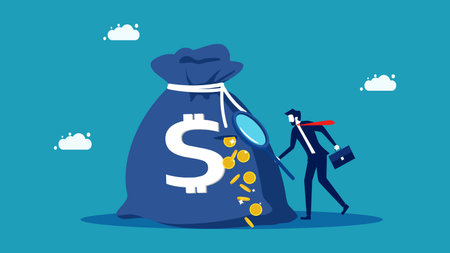 financial deficiencies. businessman uses a magnifying glass to see a leaking money bag vectorのイラスト素材