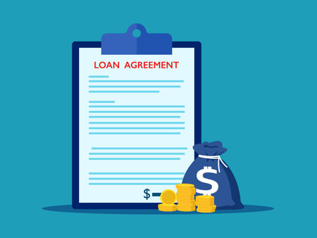 Loan contract or financial support. Make agreements on loan agreements and money bags vectorのイラスト素材
