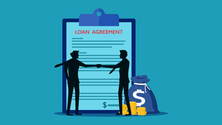 Loan contract or financial support. Businessmen make agreements on loan agreements and money bag vectorのイラスト素材