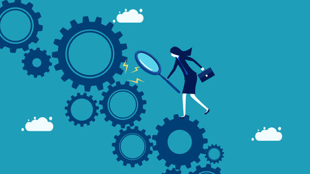 Analyze and find business flaws. Businesswoman using a magnifying glass to look at the gears vectorのイラスト素材