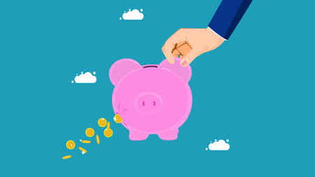 Lose savings. businessman holding a piggy bank with leaking money vectorのイラスト素材