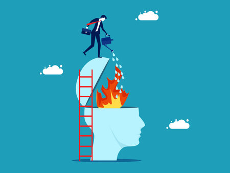 Stress or emotional problems. businessman who pours water to put out the fire in his brain vectorのイラスト素材