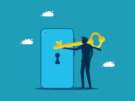 Decode or unlock. businessman holding a key to unlock a smartphone vectorのイラスト素材