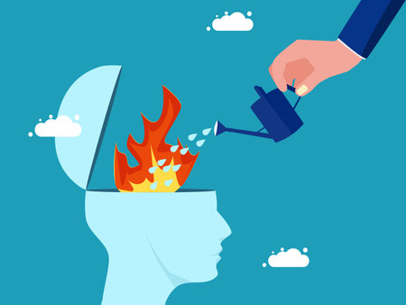 Stress or emotional problems. businessman who pours water to put out the fire in his brain vectorのイラスト素材