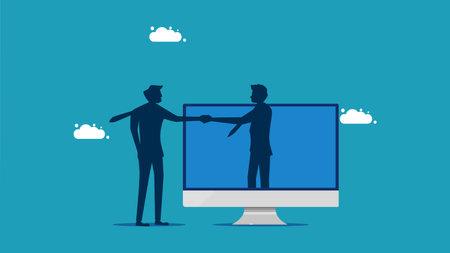 Online agreement. business people shaking hands online vector illustrationのイラスト素材