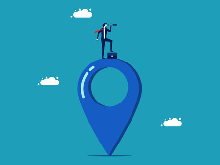 Find a place. Businessman looking at a map with binoculars vectorのイラスト素材