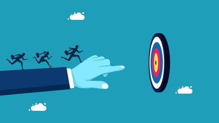 business advice. Businessman running on the big finger pointing at the target vectorのイラスト素材