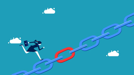 supply chain. Connecting chains together. Businesswoman running on metal chains vectorのイラスト素材