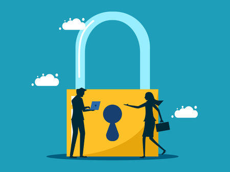 Decrypt the information. Businessman turning keys with laptop vectorのイラスト素材