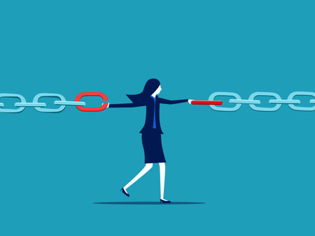 Business risks or vulnerabilities. Businesswomen holding metal chains together. supply chain problems vectorのイラスト素材
