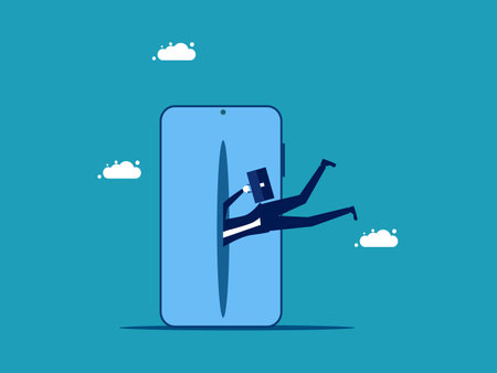 Lost in the social world. Businessman sucked into mobile phone vectorのイラスト素材