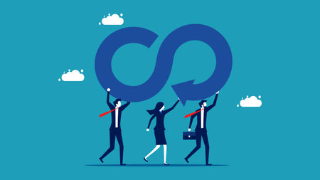 Group of business people holding circular economy icons. Sustainability and renewable resources...