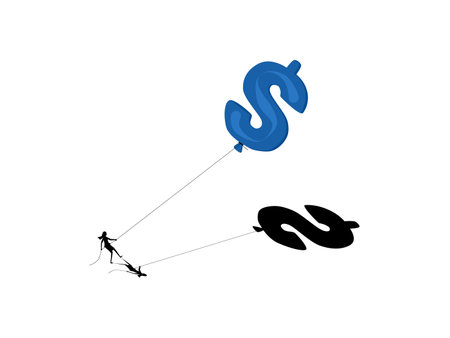 Inflation concept. Symbol of decreasing monetary value. Businesswoman pulling money balloon vectorのイラスト素材