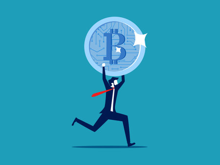 Huge profits from digital coins. Businessman holding a big digital coin vectorのイラスト素材