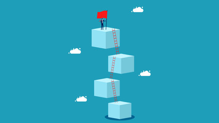 Businessman success playing ladder game to win the flag. The idea of successfully grabbing a job title vectorのイラスト素材
