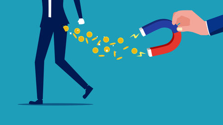 Businessman using magnet to attract money from customers. Money theft. Money sucking vectorのイラスト素材